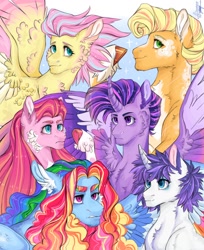 Size: 1236x1516 | Tagged: safe, artist:swabakar, derpibooru import, applejack, fluttershy, pinkie pie, rainbow dash, rarity, twilight sparkle, twilight sparkle (alicorn), alicorn, earth pony, pegasus, pony, unicorn, g4, alternate hairstyle, cheek fluff, chest fluff, colored wings, colored wingtips, female, group, mane six, mare, spread wings, wings