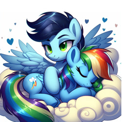 Size: 1024x1024 | Tagged: safe, ai content, derpibooru import, generator:bing image creator, machine learning generated, rainbow dash, soarin', pegasus, pony, g4, cloud, embrace, female, male, on a cloud, prompter:*rainbow dash*, shipping, simple background, sleeping, sleeping on a cloud, soarindash, spread wings, straight, white background, wings