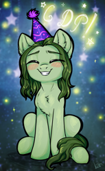 Size: 1269x2076 | Tagged: safe, artist:lina, derpibooru import, oc, oc only, pony, birthday, colt, cyrillic, foal, happy birthday, hat, looking at you, male, party hat, russian, sitting, smiling, smiling at you, sparkles, stars