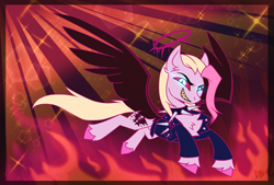 Size: 3840x2600 | Tagged: safe, artist:lina, derpibooru import, oc, oc only, oc:svidetell, angel, angel pony, original species, pony, angelic wings, choker, crossover, fallen angel, fire, halo, hazbin hotel, hell, hellaverse, helluva boss, red eyes, sharp teeth, solo, sparkles, spiked choker, spikes, teeth, wings