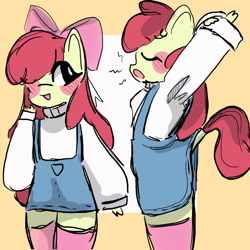 Size: 2048x2048 | Tagged: safe, artist:pinkcupkakes, derpibooru import, apple bloom, anthro, earth pony, g4, blushing, clothes, long sleeved shirt, long sleeves, long socks, one eye closed, open mouth, overalls, shirt, simple background, solo, wink, yawn