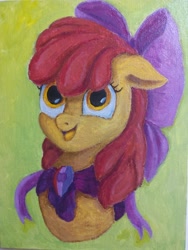 Size: 3096x4128 | Tagged: safe, artist:maslivka, derpibooru import, apple bloom, earth pony, pony, g4, bust, female, filly, foal, green background, oil painting, open mouth, portrait, simple background, solo, traditional art