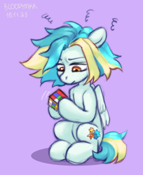 Size: 2283x2796 | Tagged: safe, artist:bloodymrr, derpibooru import, oc, oc only, pegasus, pony, amber eyes, concentrating, emotions, golden eyes, messy hair, purple background, puzzle, rubik's cube, simple background, sitting, solo, thinking