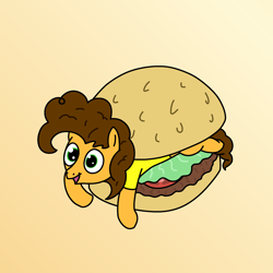 Size: 2000x2000 | Tagged: safe, artist:hach, derpibooru import, cheese sandwich, earth pony, pony, g4, :d, burger, cheeseburger, cute, food, gradient background, hamburger, male, meat, open mouth, open smile, ponies in food, simple background, smiling, solo, stallion, tiny, tiny ponies