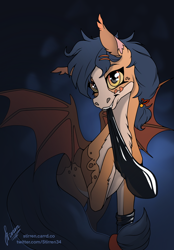 Size: 1640x2360 | Tagged: safe, artist:stirren, derpibooru import, oc, oc only, oc:ratta, bat pony, pony, bat pony oc, clothes, female, latex, latex socks, looking at you, socks, solo, spread wings, tugging, wings