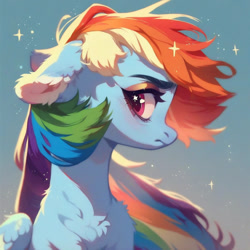 Size: 1024x1024 | Tagged: safe, ai content, derpibooru import, generator:purplesmart.ai, generator:stable diffusion, machine learning assisted, machine learning generated, rainbow dash, pegasus, pony, g4, beautiful, big eyes, blushing, cute, ear fluff, ears, eyeshadow, floppy ears, fluffy, gradient background, long hair, long mane, makeup, multicolored hair, pink eyes, prompter:saltyvity, rainbow hair, serious, serious face, sky, solo, sparkles
