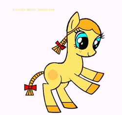 Size: 588x554 | Tagged: safe, artist:crabula290e, artist:worldofcaitlyn, derpibooru import, earth pony, pony, g4, base used, cloven hooves, colored, female, freckles, little miss, little miss sunshine, mare, mr. men, ms paint, paint.net, ponified, rule 85, simple background, smiling, species swap, the mr. men show, white background