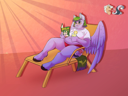 Size: 2048x1536 | Tagged: safe, artist:unfinishedheckery, derpibooru import, oc, oc:whirly waves, anthro, pegasus, anthro oc, beach chair, belly, belly button, bikini, chair, chubby, clothes, drink, fat, juice, lemonade, pegasus oc, reading, relaxing, shirt, swimsuit, t-shirt
