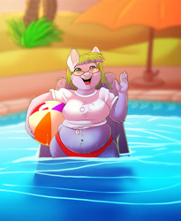 Size: 4320x5280 | Tagged: safe, artist:unfinishedheckery, derpibooru import, oc, oc:whirly waves, anthro, pegasus, anthro oc, beach ball, belly, belly button, bikini, chubby, clothes, fat, glasses, happy, pegasus oc, shirt, swimming pool, swimsuit, t-shirt, water, waving, waving at you