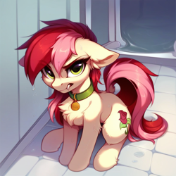 Size: 1024x1024 | Tagged: safe, ai content, derpibooru import, generator:pony diffusion v6 xl, generator:purplesmart.ai, generator:stable diffusion, machine learning generated, roseluck, pony, g4, angry, behaving like a cat, collar, cute, ears, fangs, floppy ears, fluffy, pet tag, pony pet, prompter:doom9454, rosepet, sitting, water, wet, wet mane