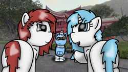 Size: 622x350 | Tagged: safe, artist:foxfer64_yt, derpibooru import, oc, oc only, oc:kira (fl), oc:nara (fl), oc:silverstream (robot pony), alicorn, original species, pegasus, pony, robot, robot pony, looking at each other, looking at someone, pointing, talking, temple, tree