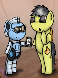 Size: 768x1024 | Tagged: safe, artist:foxfer64_yt, derpibooru import, oc, oc only, oc:silverstream (robot pony), oc:thunder (fl), original species, pegasus, pony, robot, robot pony, bipedal, curious, happy, looking at something, paperholder, room