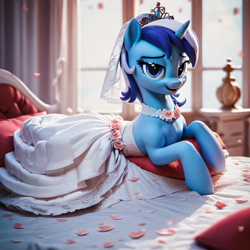 Size: 1024x1024 | Tagged: safe, ai content, derpibooru import, generator:pony diffusion v6 xl, generator:stable diffusion, machine learning generated, minuette, pony, unicorn, g4, bed, clothes, dress, female, lora: photo style, mare, prompter:ai r us, rose petals, solo, veil, wedding dress