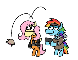 Size: 538x413 | Tagged: safe, artist:punkittdev, derpibooru import, fluttershy, rainbow dash, pegasus, pony, g4, alyx vance, bipedal, duo, glasses, gordon freeman, gun, half-life, half-life 2, headcrab, simple background, weapon, white background