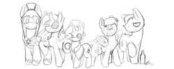 Size: 2500x995 | Tagged: safe, artist:fionthebunny, derpibooru import, oc, oc only, oc:liquid bliss, earth pony, pegasus, unicorn, 2021, angry, armor, bottle, chest fluff, earth pony oc, explicit source, fangs, female, folded wings, grayscale, gritted teeth, group, hat, hoof shoes, horn, lidded eyes, looking at you, male, mare, monochrome, monocle, nose wrinkle, pegasus oc, pegasus royal guard, quintet, raised hoof, raised leg, royal guard, royal guard armor, signature, simple background, smiling, stallion, tail, teeth, unicorn oc, wavy mouth, white background, wings