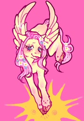 Size: 1430x2048 | Tagged: safe, artist:stellarphileistic, derpibooru import, fluttershy, pegasus, g4, blushing, cloven hooves, colored hooves, female, flower, flower in hair, flower in tail, mare, pink background, simple background, solo, spread wings, tail, tongue, tongue out, unshorn fetlocks, wings