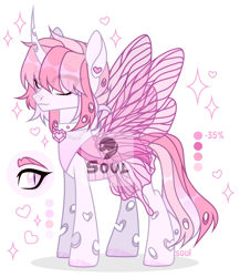 Size: 1500x1732 | Tagged: safe, artist:cursed soul, derpibooru import, oc, oc only, changeling, adoptable, butterfly wings, choker, colored hooves, curved horn, cute, ear piercing, earring, heart, hoof polish, horn, jewelry, male, piercing, pink, pink changeling, pink eyes, simple background, slit eyes, solo, sparkles, white background, wings