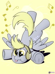 Size: 1579x2100 | Tagged: safe, artist:passionpanther, derpibooru import, derpy hooves, pegasus, pony, series:ponies with headphones, g4, :t, cute, cutie mark headphones, derpabetes, derpy being derpy, faceplant, falling, female, frog (hoof), headphones, mare, music notes, simple background, solo, spread wings, tongue, tongue out, underhoof, wings, yellow background