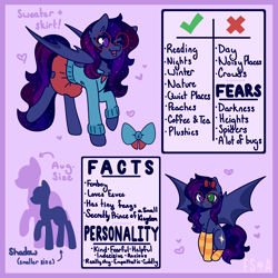 Size: 2500x2500 | Tagged: safe, artist:fuzzystarart, derpibooru import, oc, oc:shadow twinkle, bat pony, bow, clothes, commission, crossdressing, cute, dislikes, femboy, floating heart, glasses, hair bow, heart, heterochromia, likes, male, reference sheet, skirt, small stallion, socks, stallion, sweater, thigh highs