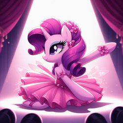 Size: 894x894 | Tagged: safe, ai content, derpibooru import, generator:dall-e 3, machine learning generated, rarity, pony, unicorn, g4, ballerina, ballet, ballet slippers, beautiful, clothes, cute, female, jewelry, kneeling, mare, prompter:capricorndiem456, raised hoof, raised leg, raribetes, raririna, smiling, solo, spotlight, stage, stage light, tutu