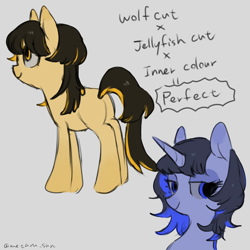 Size: 4096x4096 | Tagged: safe, artist:metaruscarlet, derpibooru import, oc, oc only, earth pony, pony, unicorn, butt, earth pony oc, english, gray background, hairstyle, horn, plot, simple background, unicorn oc, unnamed character, unnamed pony, wolf cut