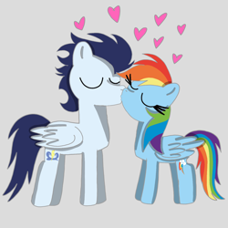 Size: 1400x1400 | Tagged: safe, artist:mrsdashskies, derpibooru import, rainbow dash, soarin', pegasus, pony, g4, best pony, cute, dashabetes, eyes closed, female, gray background, if only, kiss on the lips, kissing, male, mare, shipping, simple background, soarindash, stallion, straight