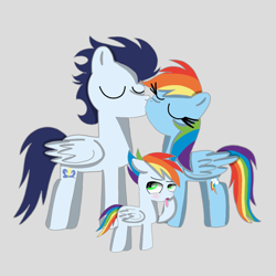 Size: 1400x1400 | Tagged: safe, artist:mrsdashskies, derpibooru import, rainbow dash, soarin', oc, oc:rainbow blitz, pegasus, pony, blushing, colt, disgusted, embarrassed, eyes closed, female, foal, gray background, kiss on the lips, kissing, male, mare, offspring, parent:rainbow dash, parent:soarin', parents:soarindash, shipping, simple background, soarindash, stallion, straight