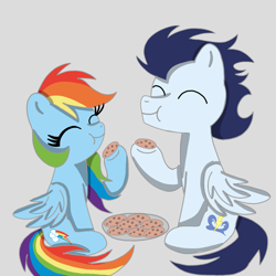 Size: 1400x1400 | Tagged: safe, artist:mrsdashskies, derpibooru import, rainbow dash, soarin', pegasus, pony, g4, cookie, cute, dashabetes, eating, female, food, gray background, heartwarming, if only, male, mare, shipping, simple background, soarindash, stallion, straight