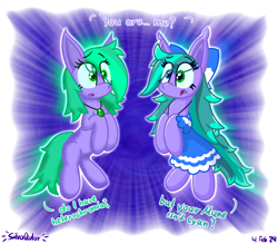 Size: 4000x3496 | Tagged: safe, artist:silvaqular, derpibooru import, oc, oc:cyanette, earth pony, pony, bow, clothes, cyan, dress, earth pony oc, female, green eyes, heterochromia, long mane, original, portal, short mane, throwback, time travel