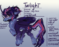 Size: 1590x1265 | Tagged: safe, artist:polluted-bat, derpibooru import, twilight sparkle, twilight sparkle (alicorn), alicorn, pony, g4, alternate design, chest fluff, coat markings, colored hooves, curved horn, ear fluff, ear piercing, earring, ears, gender headcanon, glasses, gradient background, headcanon, horn, jewelry, open mouth, pale belly, piercing, redesign, sexuality headcanon, socks (coat marking), solo, sparkles, unshorn fetlocks