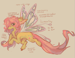 Size: 1585x1235 | Tagged: safe, artist:polluted-bat, derpibooru import, fluttershy, bug pony, insect, pegasus, pony, g4, alternate design, chest fluff, colored hooves, ear fluff, ears, flying, gender headcanon, headcanon, long tail, messy mane, messy tail, redesign, sexuality headcanon, solo, tail, unshorn fetlocks