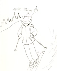 Size: 837x1041 | Tagged: safe, artist:katputze, derpibooru import, oc, oc only, oc:crimson sunset, anthro, plantigrade anthro, unicorn, clothes, female, grayscale, helmet, jacket, mare, monochrome, simple background, sketch, skiing, skis, solo, text, white background