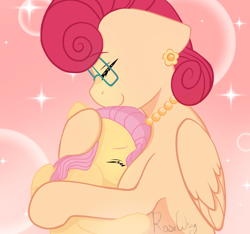 Size: 1760x1650 | Tagged: safe, artist:flutterbug18, derpibooru import, fluttershy, posey shy, pegasus, pony, g4, abstract background, cute, daaaaaaaaaaaw, duo, eyes closed, female, filly, filly fluttershy, foal, hug, mare, mother and child, mother and daughter, parent and child, posey shyabetes, shyabetes, smiling, sparkles, younger