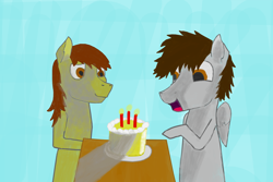 Size: 1096x730 | Tagged: safe, artist:kokopingas98, derpibooru import, oc, oc only, oc:anthon, pegasus, birthday, birthday cake, cake, candle, food, pegasus oc, shading, simple background, table