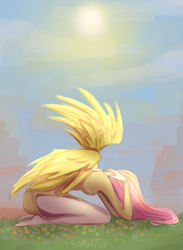 Size: 1701x2321 | Tagged: safe, artist:vestia-s201, derpibooru import, fluttershy, human, barefoot, feet, female, hands on head, head down, humanized, kneeling, outdoors, solo, sun, winged humanization, wings