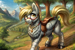 Size: 4096x2752 | Tagged: safe, ai content, derpibooru import, generator:easyfluff v11.2, generator:stable diffusion, machine learning generated, derpy hooves, pegasus, pony, g4, anonymous editor, anonymous prompter, blonde, blonde mane, blonde tail, blushing, bridle, chest fluff, cloven hooves, detailed, detailed background, ear fluff, ears, female, feral, fluffy, golden eyes, happy, harness, high res, jewelry, leg wraps, looking at you, mare, missing cutie mark, necklace, png, saddle, smiling, smiling at you, solo, tack, tail, wings