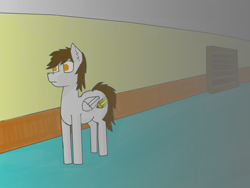 Size: 1188x891 | Tagged: safe, artist:kokopingas98, derpibooru import, oc, oc only, oc:anthon, pegasus, bookshelf, concerned, concerned pony, cutie mark, dark, digital art, hallway, indoors, interior, male, male focus, object, pegasus oc, pencil, ponysona, scared, shading, solo, solo focus