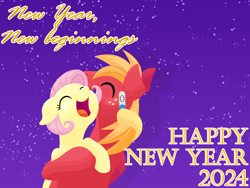 Size: 2880x2160 | Tagged: safe, anonymous artist, derpibooru import, big macintosh, fluttershy, earth pony, pegasus, pony, series:fm holidays, g4, alternate hairstyle, ears, eyes closed, female, floppy ears, fluttermac, happy new year, happy new year 2024, high res, holiday, hoof hold, hug, lineless, male, mare, new year, open mouth, open smile, pregnancy test, shipping, short mane, smiling, stallion, straight, text