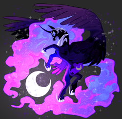 Size: 1280x1244 | Tagged: safe, artist:purrmaows, derpibooru import, nightmare moon, alicorn, pony, g4, armor, curved horn, eyes open, fangs, female, flying, gray background, horn, large wings, mare, moon, open mouth, simple background, solo, sparkles, spread wings, wings