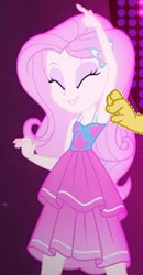 Size: 194x373 | Tagged: safe, anonymous artist, derpibooru import, edit, edited screencap, screencap, discord, fluttershy, draconequus, human, equestria girls, anonymous editor, armpit tickling, armpits, arms in the air, clothes, dress, legs, skirt, sleeveless, sleeveless dress, smiling, tickling