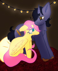 Size: 1151x1417 | Tagged: safe, artist:clandestine, derpibooru import, fluttershy, pegasus, pony, unicorn, g4, acne, blanket, colored pinnae, comforting, crying, duo, ears back, ears up, eyeliner, fairy lights, female, filly, filly fluttershy, foal, folded wings, forehead kiss, freckles, freckleshy, frown, gerard way, kissing, long tail, looking down, makeup, my chemical romance, pillow, pillow fort, ponified, sad, sitting, species swap, standing, tail, teary eyes, unshorn fetlocks, wings, younger