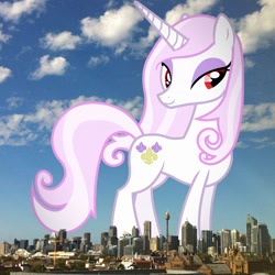 Size: 1016x1016 | Tagged: safe, artist:90sigma, derpibooru import, edit, editor:jaredking779, fleur-de-lis, pony, unicorn, g4, attack on pony, australia, eyeshadow, female, giant pony, giantess, highrise ponies, irl, lidded eyes, macro, makeup, mare, photo, ponies in real life, red eyes, solo, standing, story included, sydney, tall