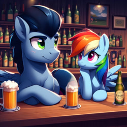 Size: 1024x1024 | Tagged: safe, ai content, derpibooru import, generator:bing image creator, machine learning generated, rainbow dash, soarin', alcohol, bar, beer, female, liquor, male, prompter:*rainbow dash*, shipping, sitting, soarindash, spread wings, straight, wings