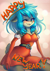 Size: 3508x4961 | Tagged: safe, artist:chaosangeldesu, derpibooru import, oc, anthro, deer, belt, blushing, clothes, deer oc, dress, female, gloves, horns, looking at you, non-pony oc, smiling, smiling at you, solo