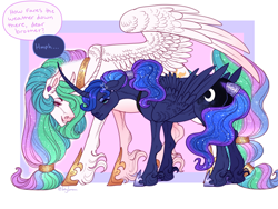 Size: 1600x1200 | Tagged: safe, artist:snowberry, derpibooru import, prince artemis, prince solaris, princess celestia, princess luna, alicorn, pony, g4, abstract background, brothers, curved horn, dialogue, duo, ear piercing, earring, ears, ethereal mane, floppy ears, grumpy, height difference, horn, jewelry, long hair, long hair male, male, piercing, rear view, regalia, royal brothers, rule 63, siblings, spread wings, stallion, teasing, unshorn fetlocks, wings