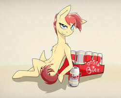 Size: 3990x3240 | Tagged: safe, artist:bumskuchen, derpibooru import, oc, oc:aurora harmony, pegasus, pony, alcohol, beer, belly, belly button, chest fluff, german, looking at you, request, simple background, solo