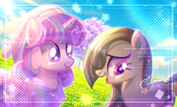 Size: 2800x1700 | Tagged: safe, derpibooru import, marble pie, oc, oc:delia ino, earth pony, pony, unicorn, duo, female, friendship, looking at someone, looking away, looking down, mare, open mouth, open smile, smiling