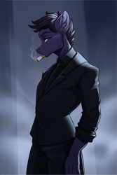 Size: 1105x1655 | Tagged: safe, artist:kittytitikitty, derpibooru import, oc, oc only, oc:rene owen, anthro, anthro oc, cigarette, clothes, ear fluff, ears, smoking, solo, suit