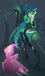 Size: 1229x2048 | Tagged: safe, artist:lizkaintrash, derpibooru import, princess cadance, queen chrysalis, human, g4, clothes, duo, duo female, fangs, female, gloves, humanized, looking down, magic, pants, shoes, smiling