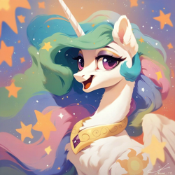 Size: 1024x1024 | Tagged: safe, ai content, derpibooru import, generator:purplesmart.ai, generator:stable diffusion, machine learning assisted, machine learning generated, princess celestia, alicorn, pony, g4, ear fluff, ears, eyeshadow, fluffy, happy, long hair, long mane, makeup, pink eyes, prompter:saltyvity, simple background, smiley face, smiling, solo, sparkles, stars